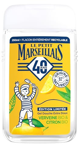 Le Petit Marseillais | Gel Douche Extra Doux Verveine Bio & Citron Bio (flacon de 250 ml) – 92 % d'ingrédients d'origine naturelle – Édition limitée 40 ans