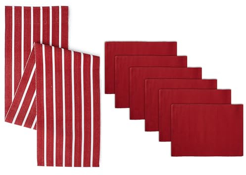Encasa XO Camino de Mesa y Juego de Manteles Individuales 6 | Algodón de Costura Fina | Roma Rojo | 1 Camino de Mesa de 32x200 cm y Cada Mantel Individual de 48x32 cm