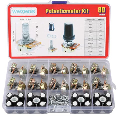 WWZMDiB 80 Pcs Potentiometer Kit with Knobs B1K 2K 5K 10K 20K 50K 100K 250K 500K 1M Ohm potentiometers Assortment Tapered Rotary Audio B-Type Potentiometer(Equipped with Nuts & washers）