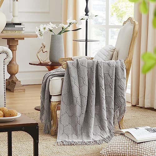 KASYLAN Diamond Knitted Throw Blanket Textured Solid Soft Sofa Throw Couch Knitted Decorative Blanket, 127x152cm Light Grey