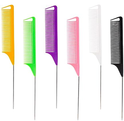 Lot de 6 peignes à cheveux en fibre de carbone et métal - Peigne à queue pointue - Kit de soin professionnel pour mise en évidence, coupe, coiffage, raie (plusieurs couleurs)