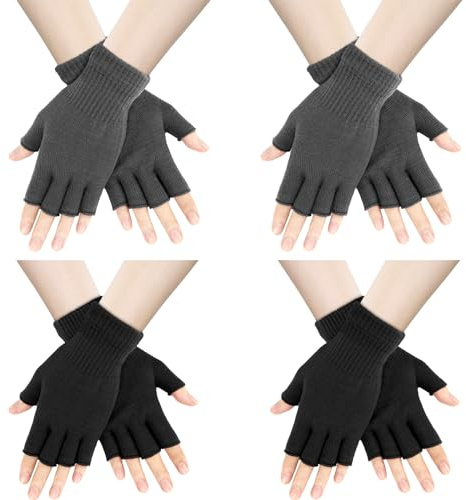 AURUZA 4 Pairs Winter Half Finger Gloves Knitted Fingerless Mittens Warm Stretchy Gloves for Men and Women (2 Black 2 Dark Grey)