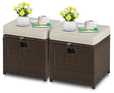 YIYAN 2-teiliges Outdoor-Hocker-Set, PE-Rattan-Fußhocker mit Stauraum, wetterfeste Outdoor-Hocker mit Fußstütze und abnehmbarem Kissen (Weiß)