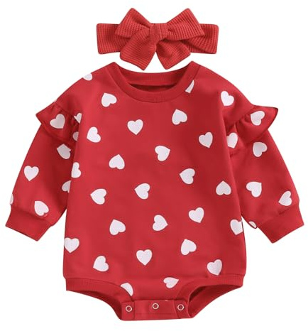 Loalirando Newborn Baby Girl Clothes Bubble Romper Long Sleeve Oversized Sweatshrit Bodysuit Valentines Day Outfit 0-18M (Red, 6-12 Months)