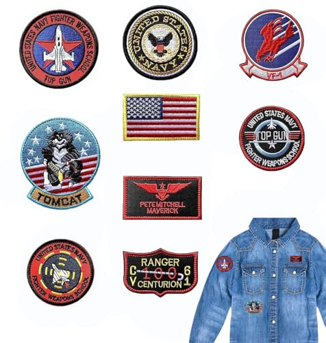 GUOYOU 11 Stück Top Gun Aufnäher zum Aufbügeln, USA Flagge Maverick Patches Bestickt, Air Force Navy Marine Army Jacke Tactical Military Logo Dekorative Applikation für Kleidung Jacke Jeans Cap