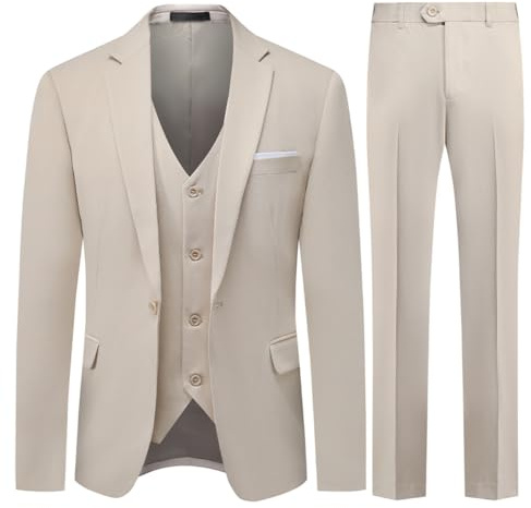 Allthemen Costumes Hommes 3 pièces Mariage Un Bouton Revers Slim Fit Blazer Couleur Unie Formel Beige XXL