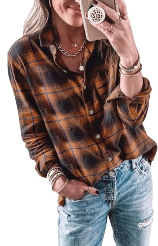 Imily Bela Blouse Women's Checked Long Blouse Casual Long Sleeve Flannel Shirt Checked Shirt Buttons Long Sleeve Tops, Orange, XL