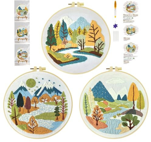 cukol cukol 3pcs Kit Ricamo Principianti Paesaggio Fluviale, Embroidery Kit, Schemi per Set Ricamo Starter Mezzo Punto Croce Kit da Ricamare Mezzopunto a Mano Stampato Bambini