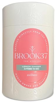 Brook37 Lemon Ginger Eco Herbal Green Tea - Wellness Tea Blend with Real Ginger, Lemongrass, Tulsi & Moringa | Low Caffeine, Digestive Aid | 20 Biodegradable Pyramid Tea Bags | Elegant Gift for Tea Lovers