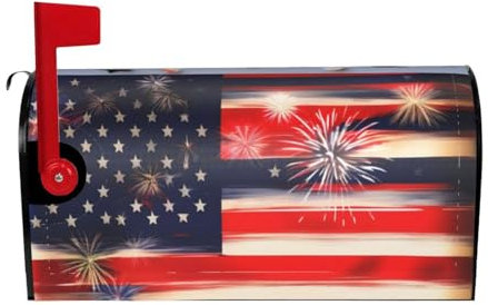 Firework American Flag 4Th of Julys Magnetic Mailbox Cover with Curved Opening, Unique Mailbox Decoration, fit for Outdoor Decoration