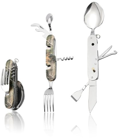 XIKAYA Camping Besteck Edelstahl Klappbar - 9 in 1 Outdoor Reisebesteck Set für Camping, Wandern, Picknick, Grillen, Familienalltag