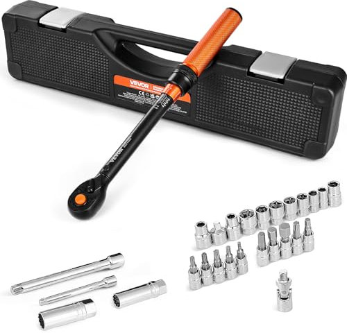 VEVOR Juego de Llaves Dinamométricas de Clic Accionamiento de 3/8 5-60 Nm Bidireccional 72 Dientes con Vasos, Puntas, Barra de Extensión, Vasos para Bujías y Adaptador para Reparación de Coches