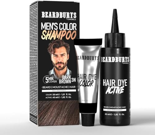 Beardburys - Shampoo a colori per barba e baffi – Tintura semi-permanente per uomo – Copre i capelli grigi in 5 minuti – 75 ml (marrone scuro)