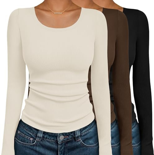 Ekouaer Long Sleeve Shirts for Women Scoop Neck Ribbed Basic Tops 3 Pack Underscrub Tshirt Slim Fit Thermal Undershirts Stretchy Layering Tee Black/Brown/Beige M