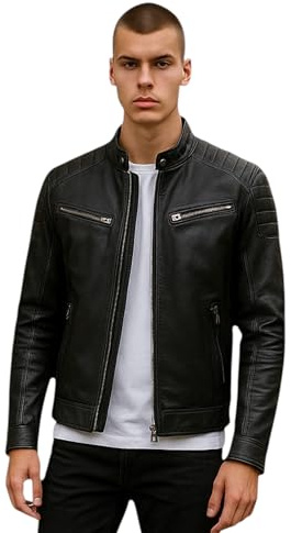 Infinity Leather Chaqueta clásica de motociclista de cuero acolchado estilo café racer negra para hombre