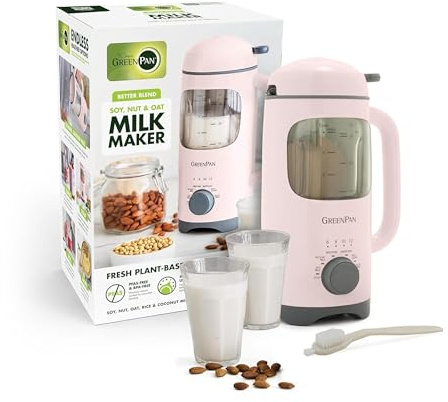 GreenPan 30oz Nut Milk Maker Machine, 15-in-1 for Homemade Almond, Oat, Soy, Coconut, Plant-Based Non-Dairy Beverages, Soups, BPA-Free Glass, Automatic Self-Clean, Delay Start, Pink