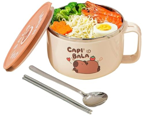 Muzrunq Lot de 2 bols de nouilles instantanées avec poignée, bol ramen instantané Capybara 800 ml avec couvercle et vaisselle, cuiseur à ramen en acier inoxydable 316 pour soupe, nouilles