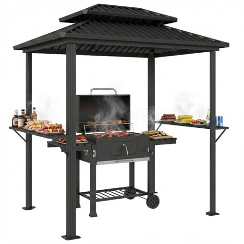 Outsunny Abri Barbecue extérieur, tonnelle de Jardin 231x165x246cm en Aluminium, Double Toit Rigide, 2 étagères latérales, Crochets, résistant aux intempéries, pour fêtes, Pique-Nique, terrasse, Noir