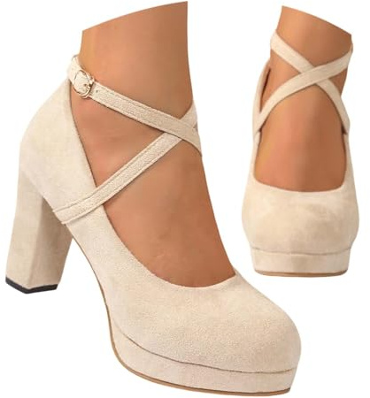 Zapatos Tacon Mujer Comodos Vestir Elegantes Tacones Mujer Ancho Especial Tacón En Bloque Novia Boda, Correas Cruzadas Y Puntera Cerrada para Bodas Y Fiestas