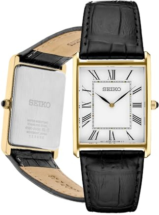 SEIKO SWR052 Watch for Men - Essentials - Water Resistant with Gold-Tone Stainless Steel Rectangular Case, White Dial with Roman Numerals, and Black Leather Strap