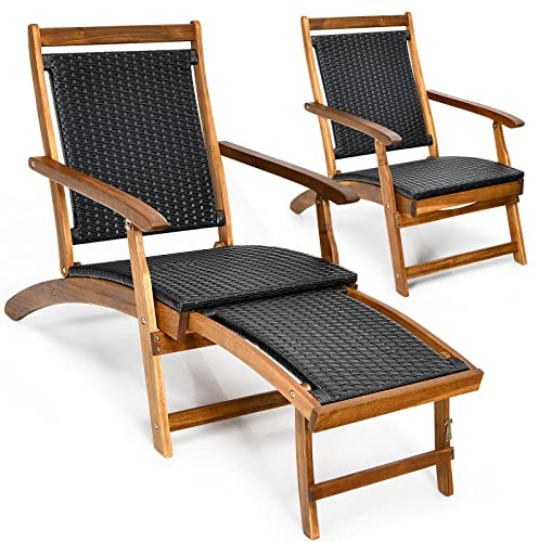 Multigot Rattan Sun Lounger, Folding Leisure Armchair with Retractable Footstool, Outdoor Wooden Deck Chair for Patio Balcony Yard Garden (without Wicker Side Table, Brown)