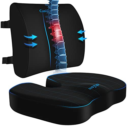 CushZone Ergonomic Seat Cushion & Lumbar Support Pillow - Memory Foam for Sciatica Pain Relief & Posture Correction, Non-Slip Chair Cushions for Office Chair/Car/Wheelchair/Travel (Black)