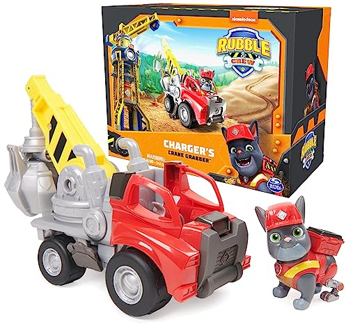 Rubble & Crew, Charger's Crane Grabber leksakslastbil med rörliga delar och en samlaractionfigur, barnleksaker från 3 år