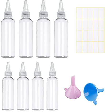 TIANNAIT Kunststoff-Quetschflaschen, 30 ml/60 ml, mit Trenntrichter und Blanko-Etiketten, Aufbewahrungsflaschen für Gewürze, Pigmente, zum Dosieren von Soßenflüssigkeiten, transparent, 8 Stück