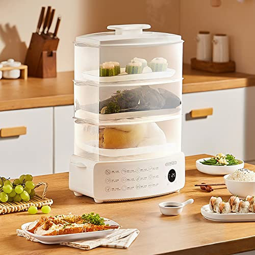 Vaporiera elettrica a 3 livelli, vaporiera elettrica da 12 litri con appuntamento intelligente 24 ore su 24, display touch screen, 12 menu principali, 9 secondi senza vapore, per cucinare zuppe