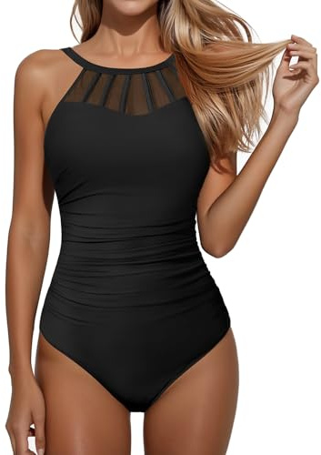 Holipick Black Women Tummy Control One Piece Swimsuit Modest Bathing Suit Full Coverage High Neck Swimwear M