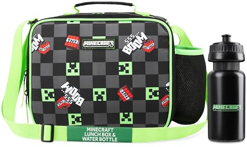 Minecraft Lunch Bag for Kids Insulated Lunch Box Creeper Snacks Food Carrier Options with Water Bottle for School Travel Picnic Cooler Bag (Black/Green)