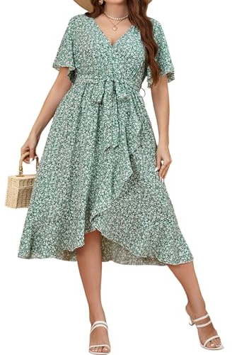 SweatyRocks Robe longue pour femme - Motif floral - Col en V - Robe midi avec ceinture - Manches courtes - Grandes tailles - Robe trapèze, vert, XL