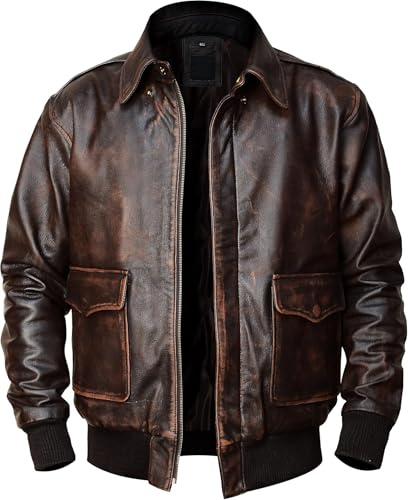NM-Fashions Mens A2 Aviator Leather Jacket Lambskin - Military Style WW2 Flying USAF Bomber Leather Coat, Brown, Medium