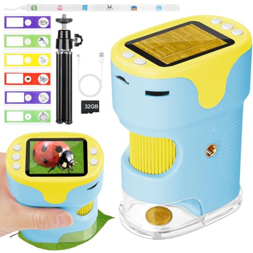 AXFEE Microscopio 1000X, Microscopio Portatil de 4K 2 Pulgadas, Recargable,6 Luces LED Ajustables, con Tarjeta SD de 32GB y 6PCS Muestras de Portaobjetos,Azul