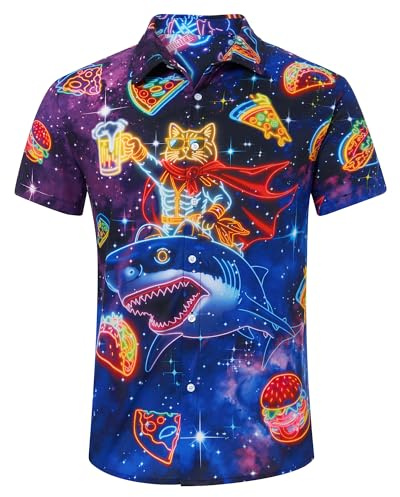 RAISEVERN Cat Shark Hawaiian Shirts 3D Printed Festival Funny Ugly Neon Rave Mens Loud Funky Bad Taste Shot Shirt Crazy Stag Party, XXL