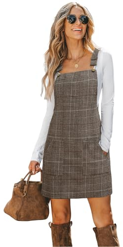 CUPSHE - Mini vestido de pana para mujer, con bolsillo delantero, cuello cuadrado, tirantes anchos, línea A, casual, vestido general de invierno, Cuadros marrones, M