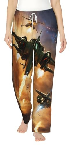 GFXEDSAH Pantalon de pyjama en flanelle imprimé avions de chasse pour femme, doux, chaud et adorable pour un confort ultime, Noir , S