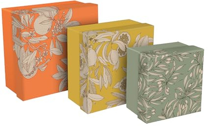 Clairefontaine - 116359C - Un Lot de 3 Boites de Rangement Fleurs de Citronnier, Oranger, Olivier - Gigognes - Multifonctions - Carton - 25x25x12, 20x20x11 et 16x16x10 cm - Collection Jardin des Sens