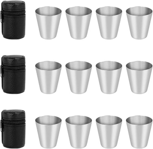 12 St Rostfria Små Bägare Set, 30 ml Metallkoppar med 3 Etuier, Stapelbara och Bärbara för Camping, Vandring, Picknick och Resor