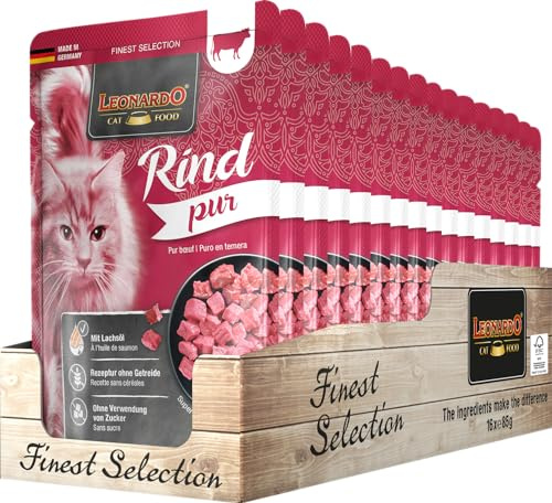 Leonardo Sacchetto salvafreschezza [16x85g Manzo - puro] | Cibo umido senza cereali per gatti | Alimento completo umido in busta monoporzione