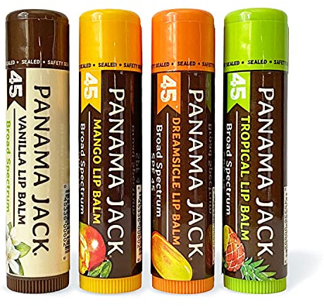 Panama Jack Sunscreen Lip Balm - SPF 45, Flavor Pack, Broad Spectrum UVA-UVB Sunscreen Protection, Prevents & Soothes Dry, Chapped Lips (Dreamsicle/Vanilla/Tropical/Mango)