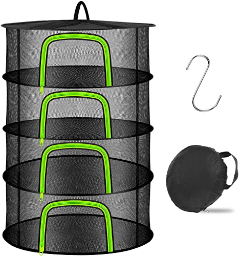 Coopache Trockennetz Kräuter Schwarz, 4-lagiges Kräutertrockner Hängend mit S-förmige Haken, Zipper Plant Drying Rack, Mesh Trockennetz für Pflanze, Fleisch, Blumen