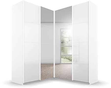 Rauch Möbel Quadra Schrank Eckschrank Schwebetürenschrank, Hochglanz Weiß/Weiß, 4-TRG. mit Spiegel, inkl. 2 Kleiderstangen, 12 Einlegeböden, BxHxT 181x229x187 cm