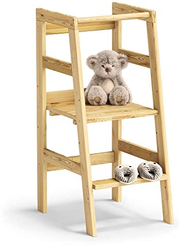 Bellabino Milo Lernturm für Kinder Natur, 3-Fach höhenverstellbar, Montessori Lernturm ab 1 Jahr aus Kiefer Massivholz, Küchenhelfer für Kinder Trittschemel