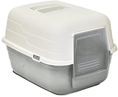 GREATAIGOO Arenero Grande de Plástico Resistente con Cubierta de Tapa Abatible,Arenero para Gatos Blanco Gris Oscuro Plástico, (Gris)