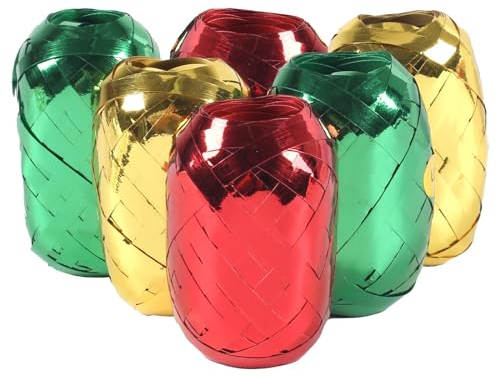 SCLLNDA 6 Rollen Geschenkband 10m Polyband Ringelband Set Geschenkschleifen zum Basteln und Verpacken Geschenk Band Set für dekorative Geschenkverpackung Schleifen Weihnachten Deko (Rot Gold Grün)