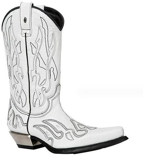 Botas de Cuero de la PU Vintage Western Cowboy Boots Embroidery Biker Boots Slip on Casual Shoes Pointed Toe Boots,Blanco,44