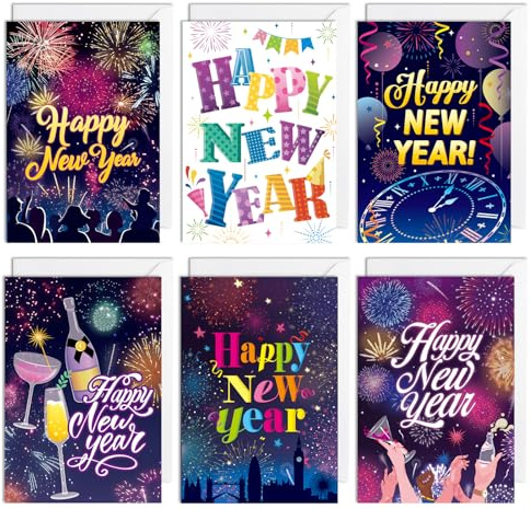 HOWAF 6 Pack Happy New Year Cards 2026 Greeting Cards with Envelopes, Winter Holiday Greetings Card Gifts Presents for NYE Party Decorations 2026, Multicolor
