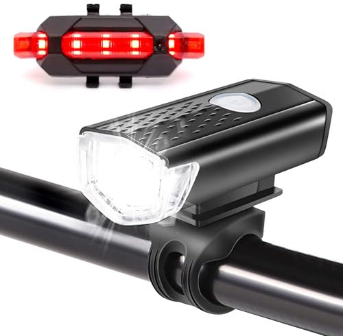 SULIVES Rechargeable Bike Light Set, LED Front and Back Lights for Road and Mountain Bikes - IPX4 Waterproof, USB Rechargeable, 3 Modes, Headlight and Taillight Mountain Road Bicycle For Night Riding