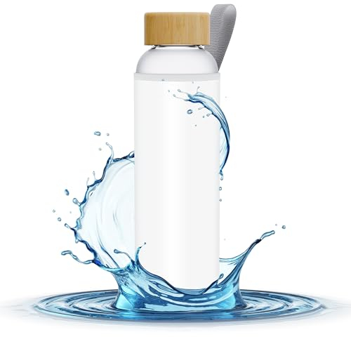 Aquafloow Wasserflasche aus Borosilikat Glas 700 ml mit Neoprenhülle, Transparente trinkflasche Glas mit Bambusdeckel | Ideal für Büro, Outdoor, Schule, für Kohlensäurehaltige Getränke – Weiß
